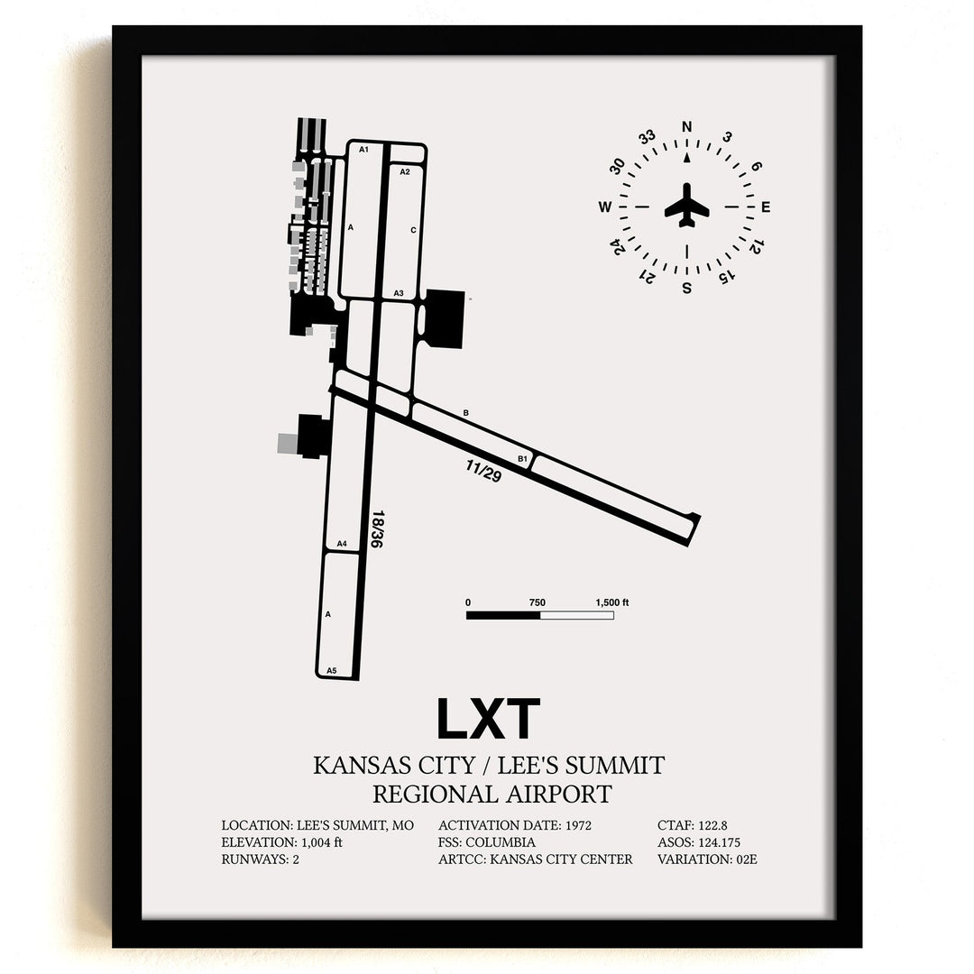 Framed Detailed Airport Map of Kansas City / Lee's Summit Regional Airport (LXT) in White with a Black Frame