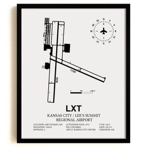 Framed Detailed Airport Map of Kansas City / Lee's Summit Regional Airport (LXT) in White with a Black Frame