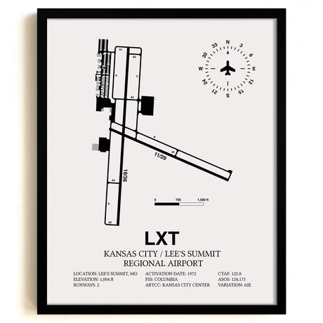 Framed Detailed Airport Map of Kansas City / Lee's Summit Regional Airport (LXT) in White with a Black Frame