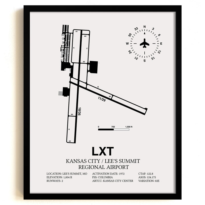 Framed Detailed Airport Map of Kansas City / Lee's Summit Regional Airport (LXT) in White with a Black Frame