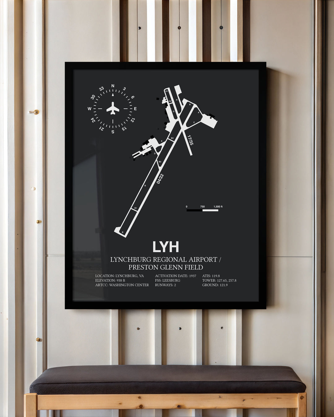 Framed Detailed Airport Map of Lynchburg Regional Airport/Preston Glenn Field (LYH) in Gray with a Black Frame
