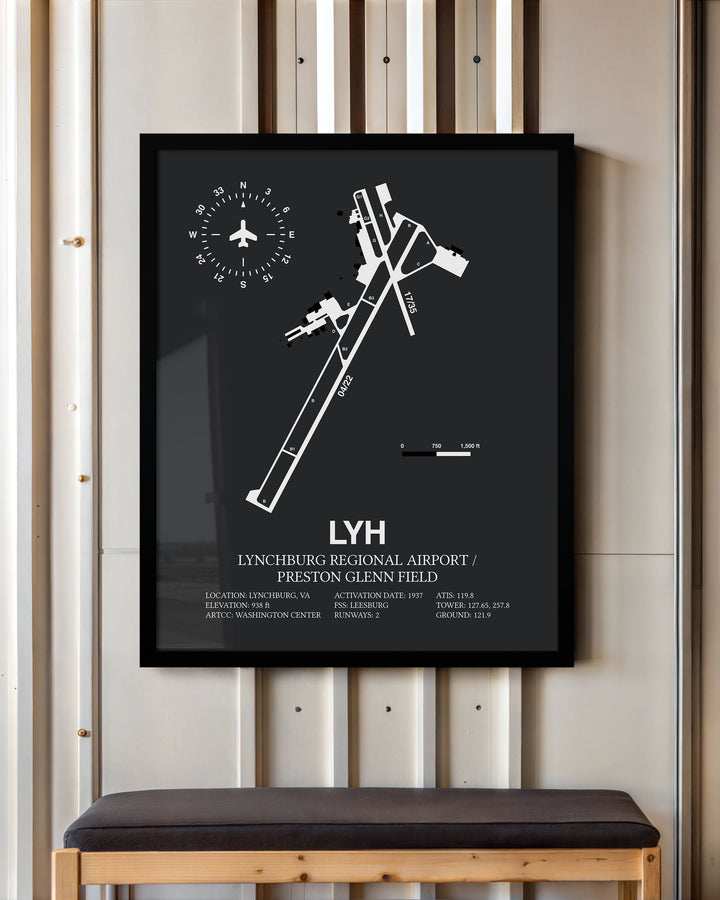 Framed Detailed Airport Map of Lynchburg Regional Airport/Preston Glenn Field (LYH) in Gray with a Black Frame