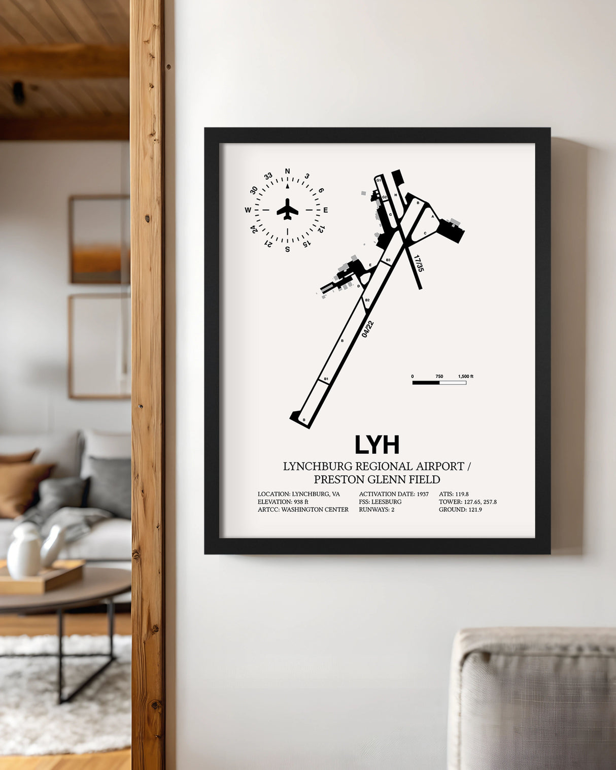 Framed Detailed Airport Map of Lynchburg Regional Airport/Preston Glenn Field (LYH) in White with a Black Frame