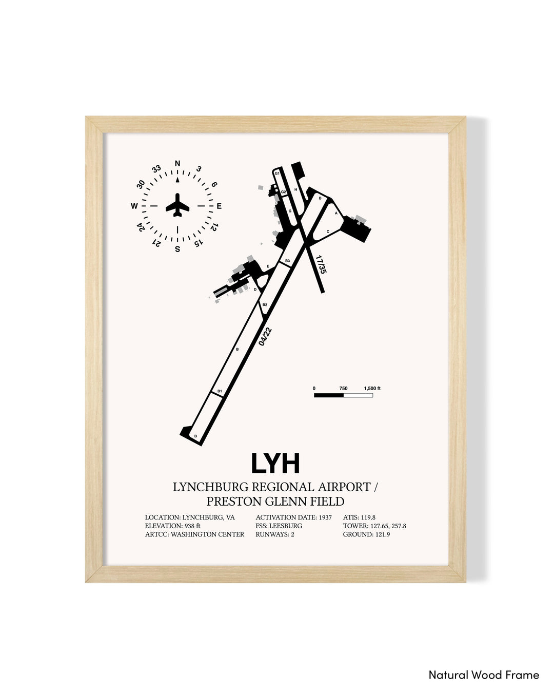 Detailed Airport Map of Lynchburg Regional Airport/Preston Glenn Field (LYH) in White with a Natural Frame