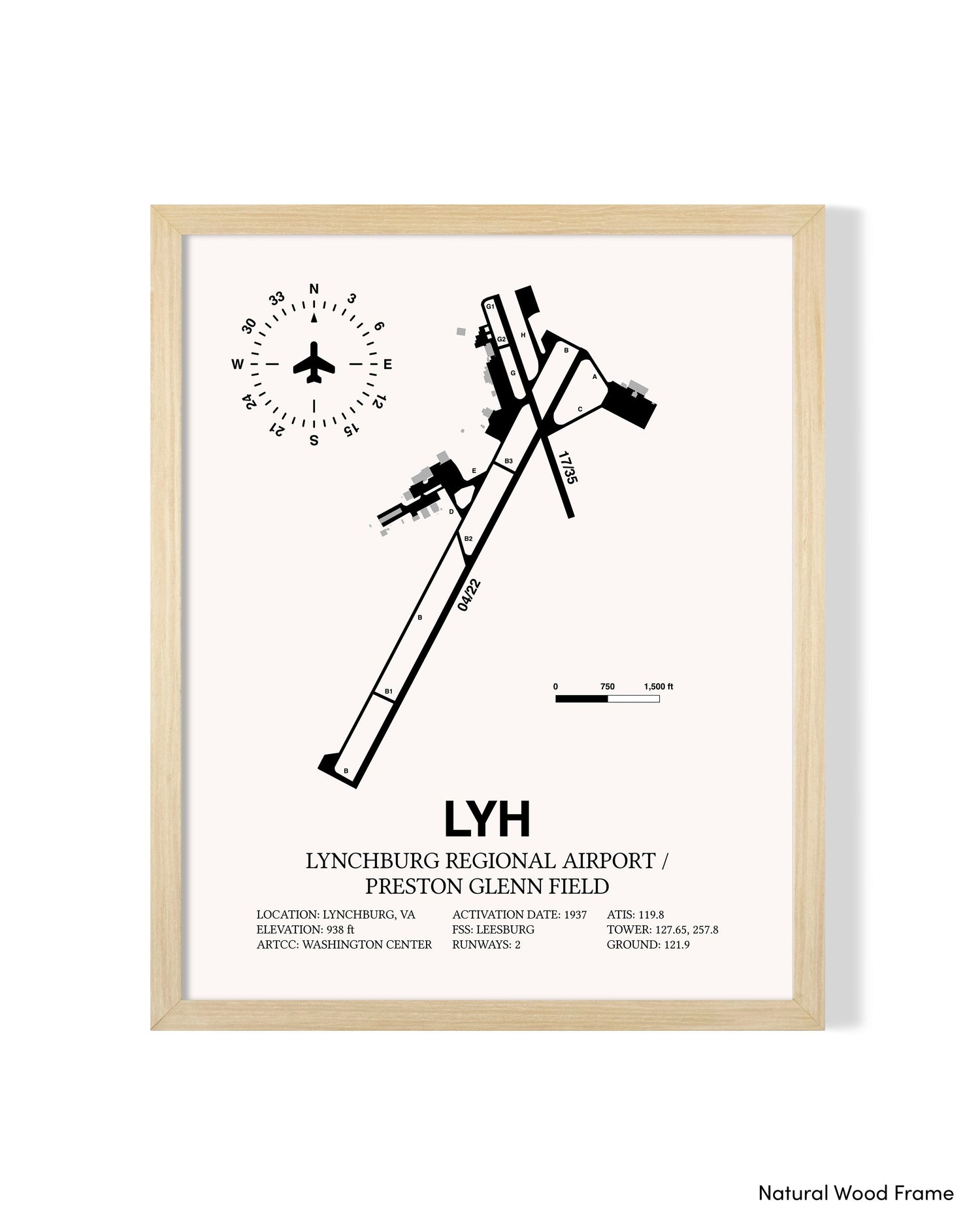 Detailed Airport Map of Lynchburg Regional Airport/Preston Glenn Field (LYH) in White with a Natural Frame