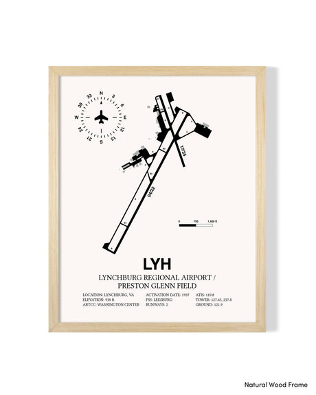 Detailed Airport Map of Lynchburg Regional Airport/Preston Glenn Field (LYH) in White with a Natural Frame