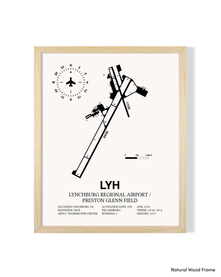Detailed Airport Map of Lynchburg Regional Airport/Preston Glenn Field (LYH) in White with a Natural Frame