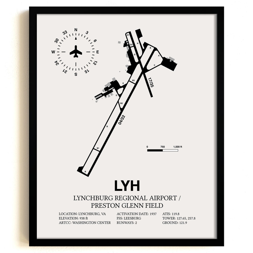 Framed Detailed Airport Map of Lynchburg Regional Airport/Preston Glenn Field (LYH) in White with a Black Frame