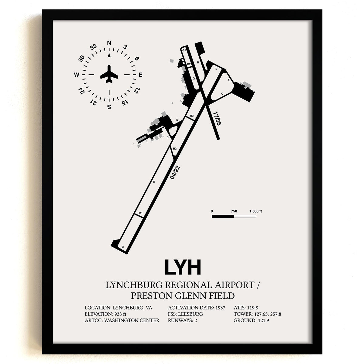 Framed Detailed Airport Map of Lynchburg Regional Airport/Preston Glenn Field (LYH) in White with a Black Frame