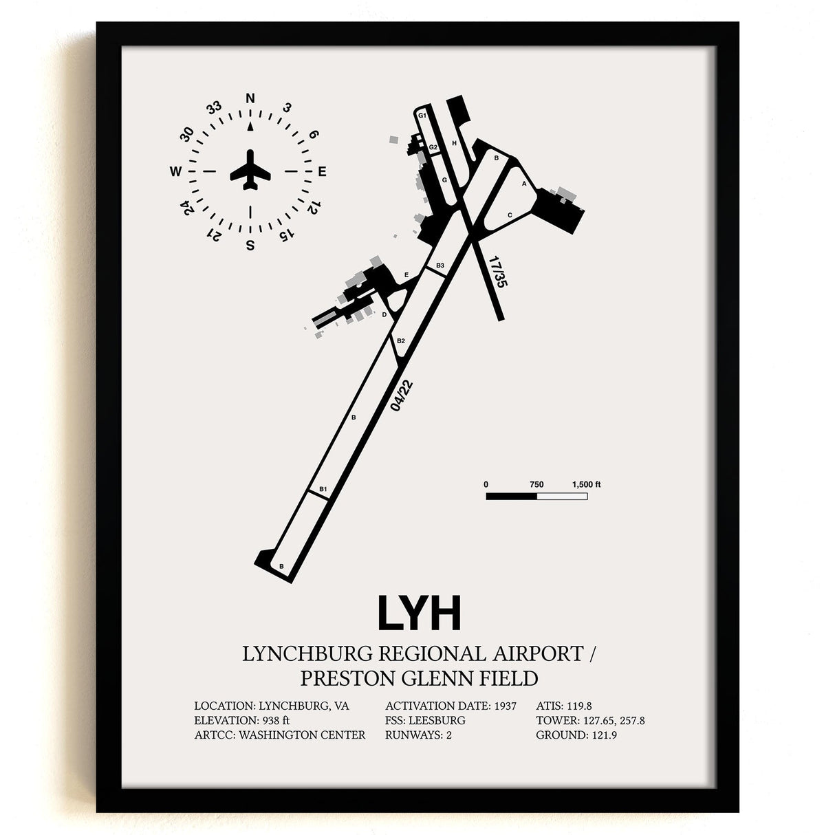 Framed Detailed Airport Map of Lynchburg Regional Airport/Preston Glenn Field (LYH) in White with a Black Frame