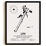 Framed Detailed Airport Map of Lynchburg Regional Airport/Preston Glenn Field (LYH) in White with a Black Frame
