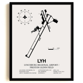 Framed Detailed Airport Map of Lynchburg Regional Airport/Preston Glenn Field (LYH) in White with a Black Frame