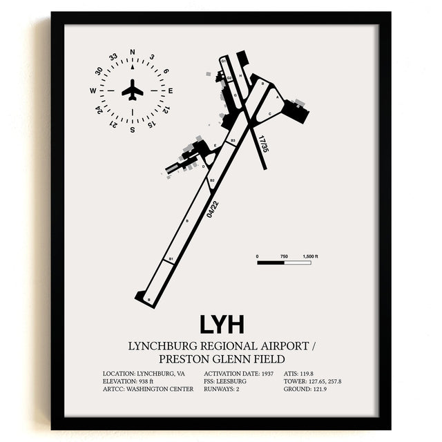 Framed Detailed Airport Map of Lynchburg Regional Airport/Preston Glenn Field (LYH) in White with a Black Frame