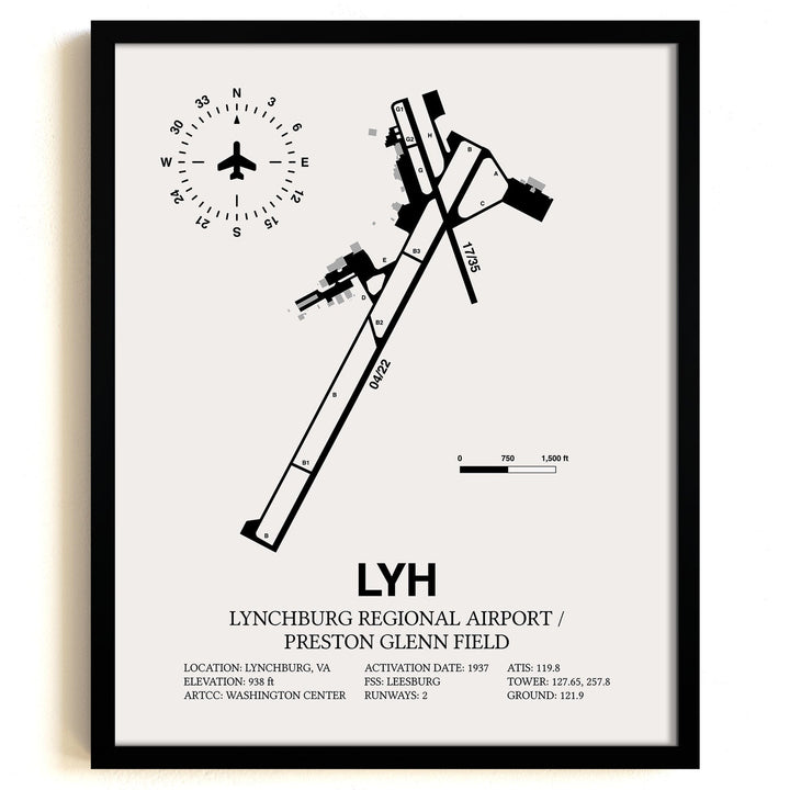 Framed Detailed Airport Map of Lynchburg Regional Airport/Preston Glenn Field (LYH) in White with a Black Frame