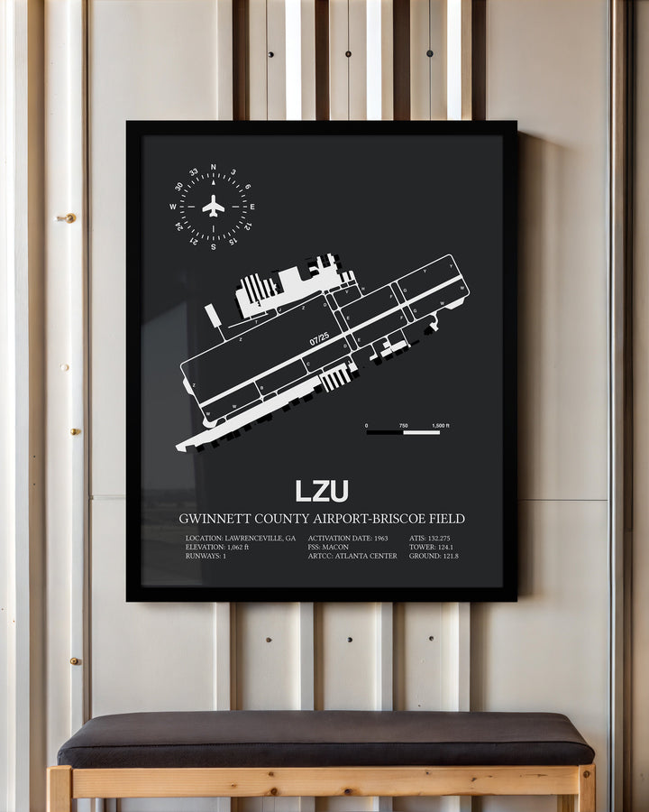 Framed Detailed Airport Map of Gwinnett County Airport-Briscoe Field (LZU) in Gray with a Black Frame