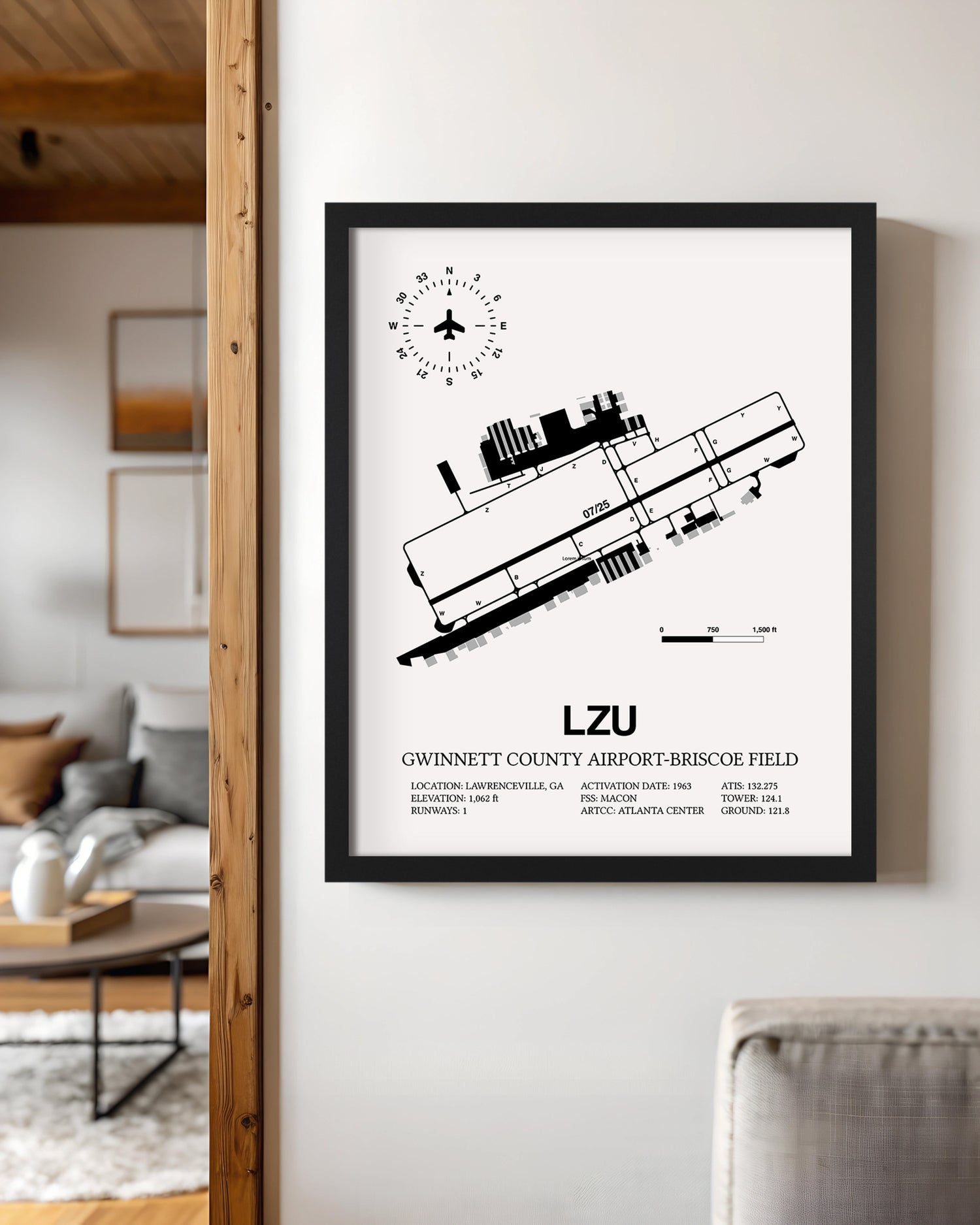 Framed Detailed Airport Map of Gwinnett County Airport-Briscoe Field (LZU) in White with a Black Frame
