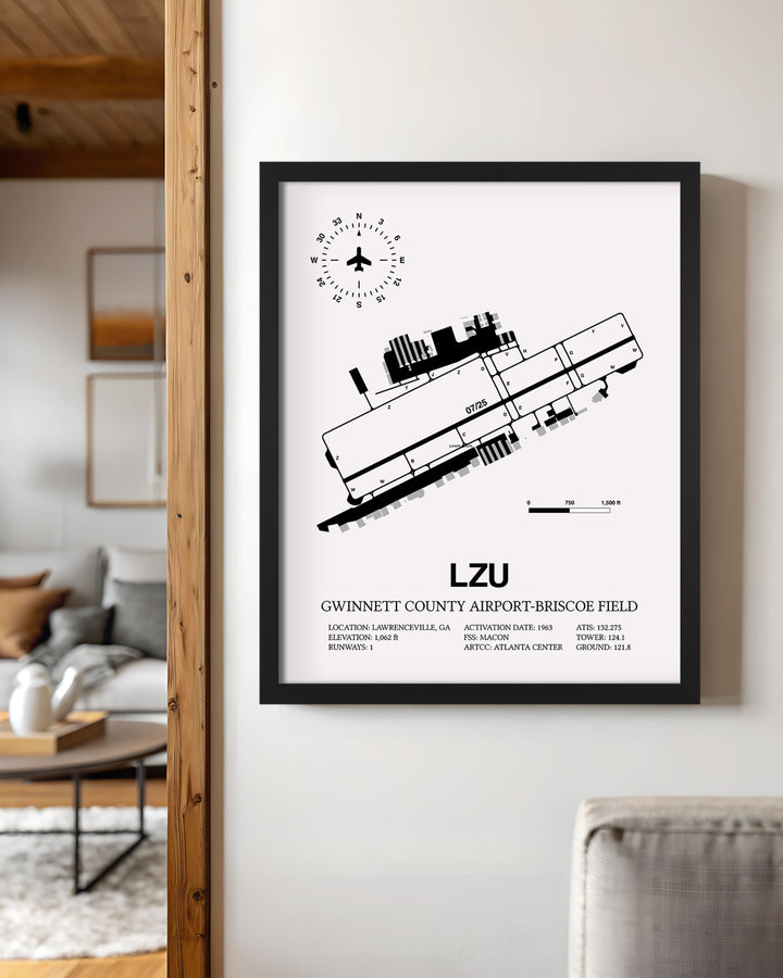 Framed Detailed Airport Map of Gwinnett County Airport-Briscoe Field (LZU) in White with a Black Frame