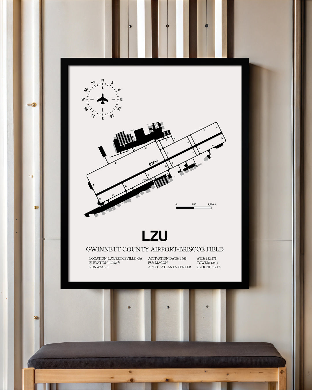 Framed Detailed Airport Map of Gwinnett County Airport-Briscoe Field (LZU) in White with a Black Frame