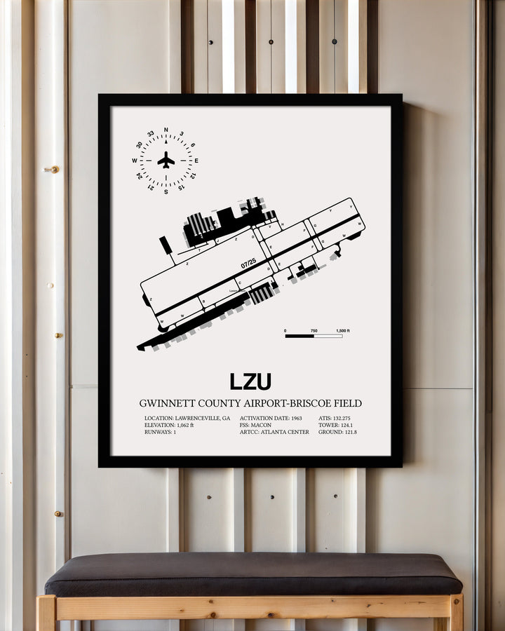 Framed Detailed Airport Map of Gwinnett County Airport-Briscoe Field (LZU) in White with a Black Frame