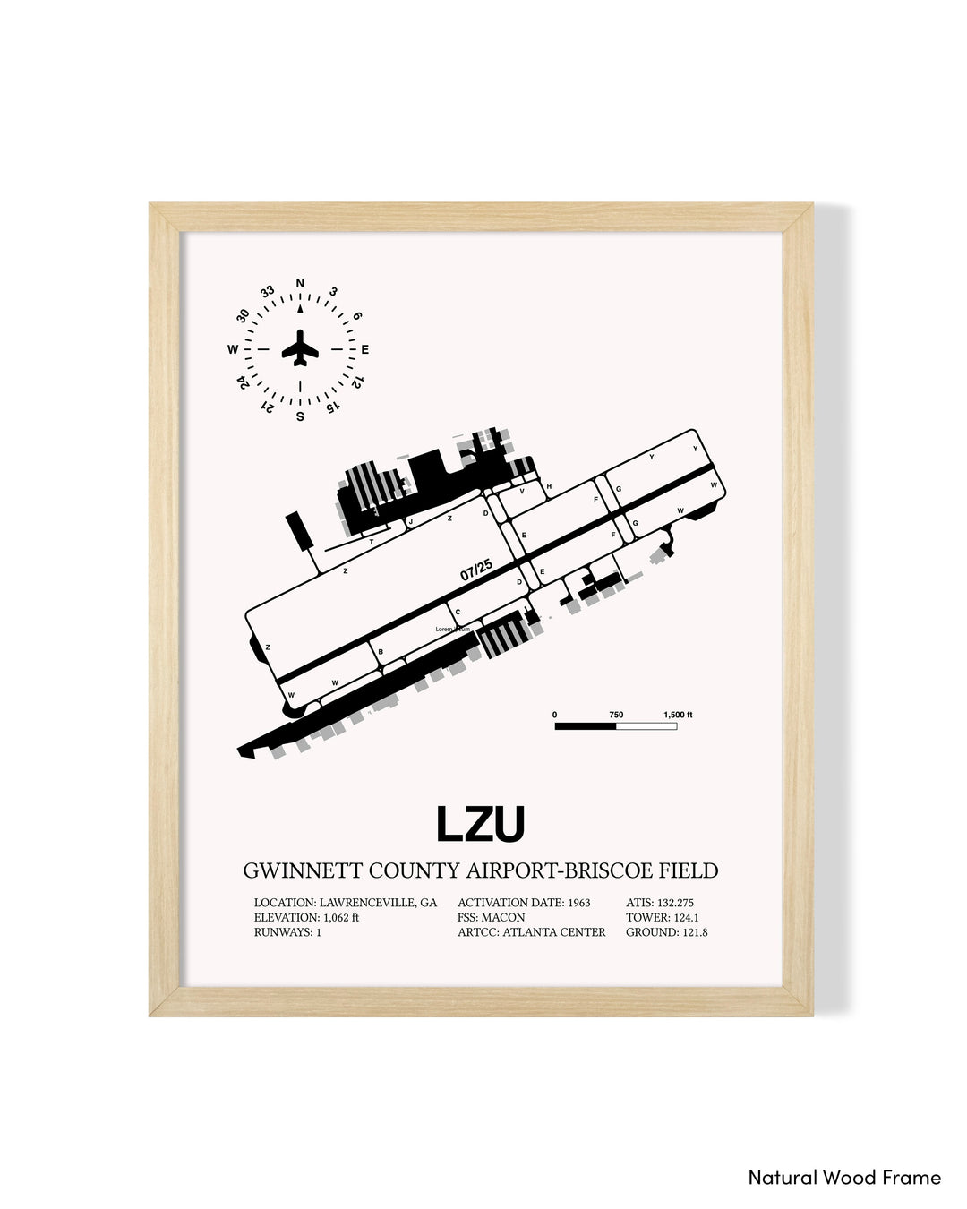 Detailed Airport Map of Gwinnett County Airport-Briscoe Field (LZU) in White with a Natural Frame