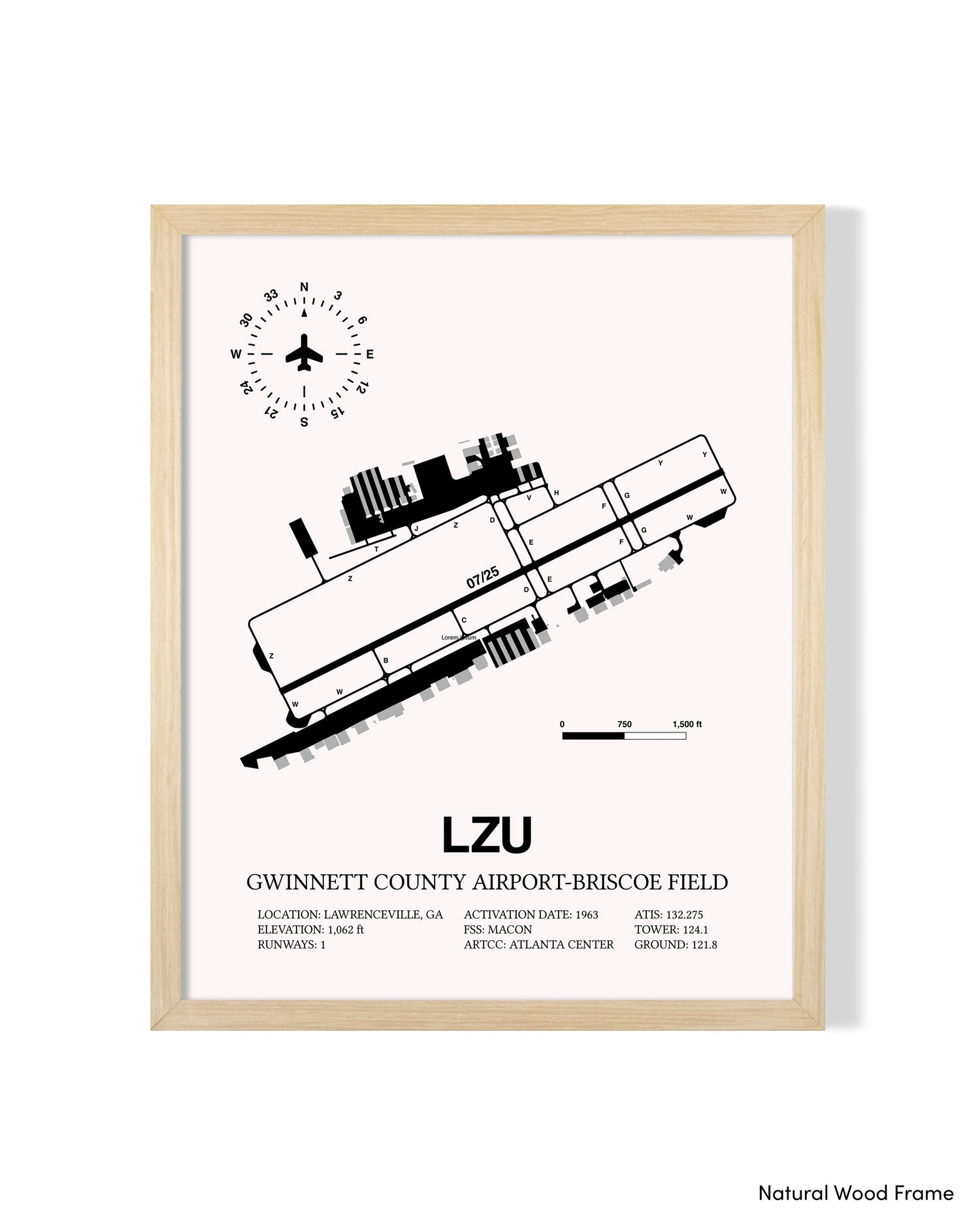Detailed Airport Map of Gwinnett County Airport-Briscoe Field (LZU) in White with a Natural Frame