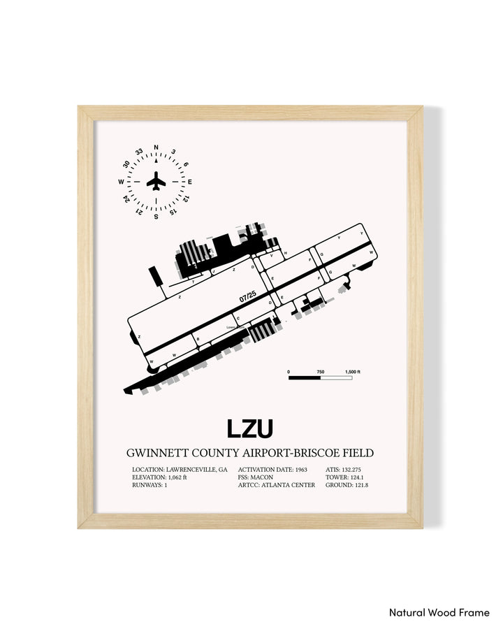 Detailed Airport Map of Gwinnett County Airport-Briscoe Field (LZU) in White with a Natural Frame