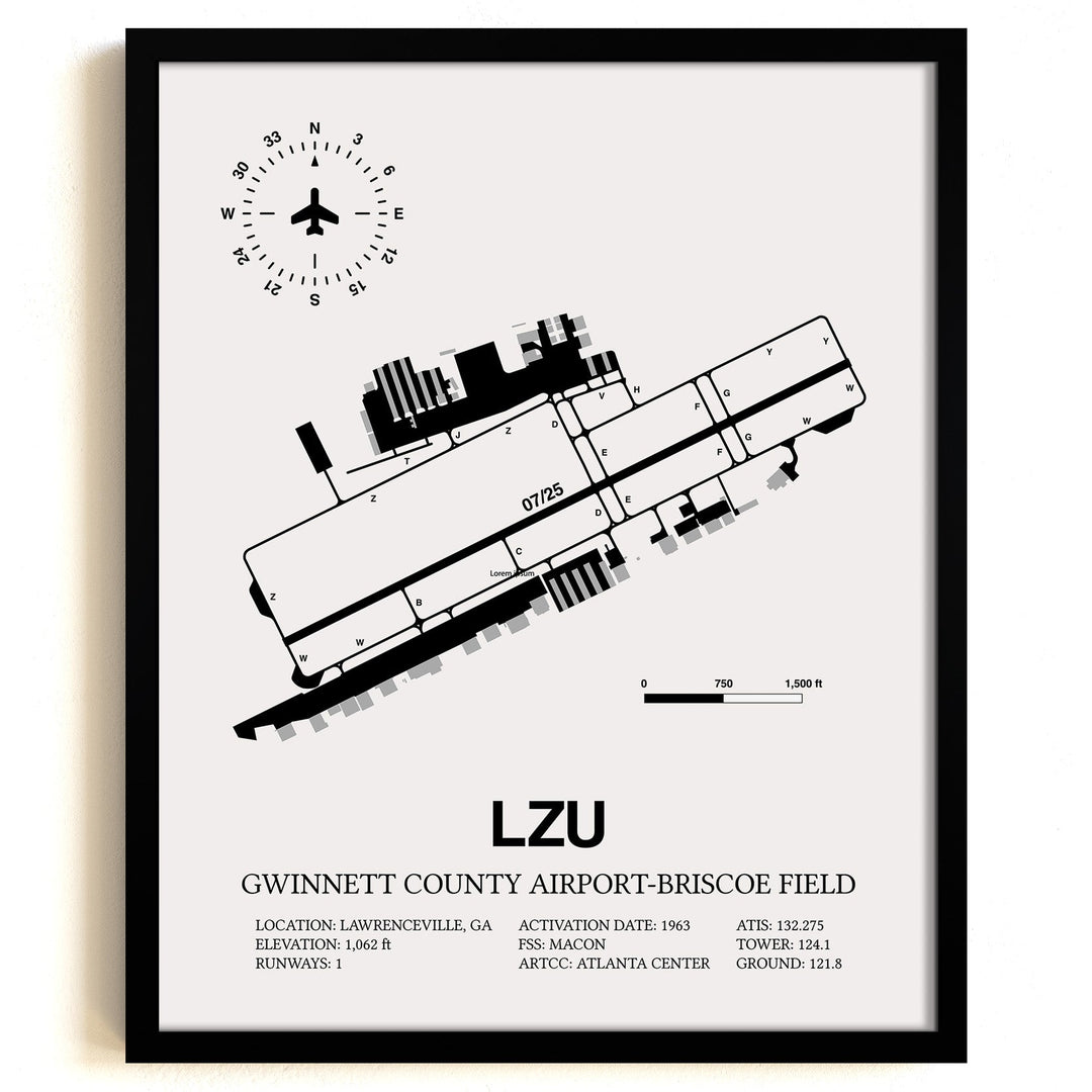 Framed Detailed Airport Map of Gwinnett County Airport-Briscoe Field (LZU) in White with a Black Frame