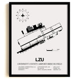 Framed Detailed Airport Map of Gwinnett County Airport-Briscoe Field (LZU) in White with a Black Frame