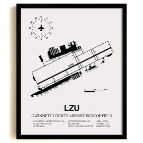 Framed Detailed Airport Map of Gwinnett County Airport-Briscoe Field (LZU) in White with a Black Frame