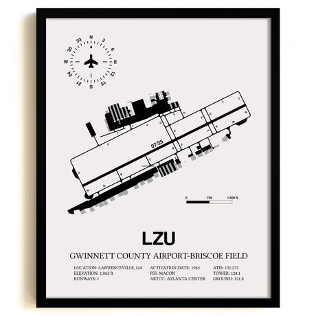 Framed Detailed Airport Map of Gwinnett County Airport-Briscoe Field (LZU) in White with a Black Frame