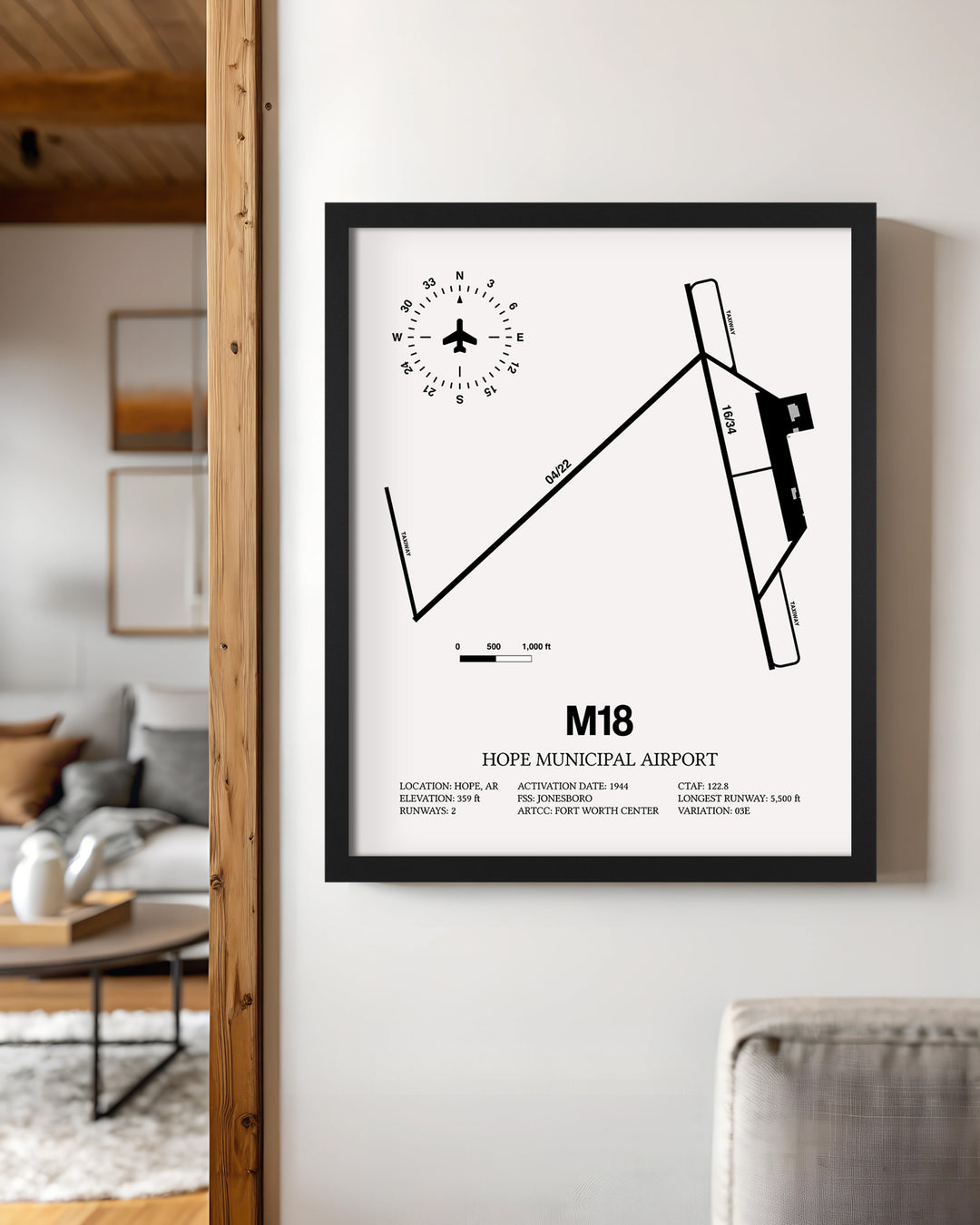 Framed Detailed Airport Map of Hope Municipal Airport (M18) in White with a Black Frame