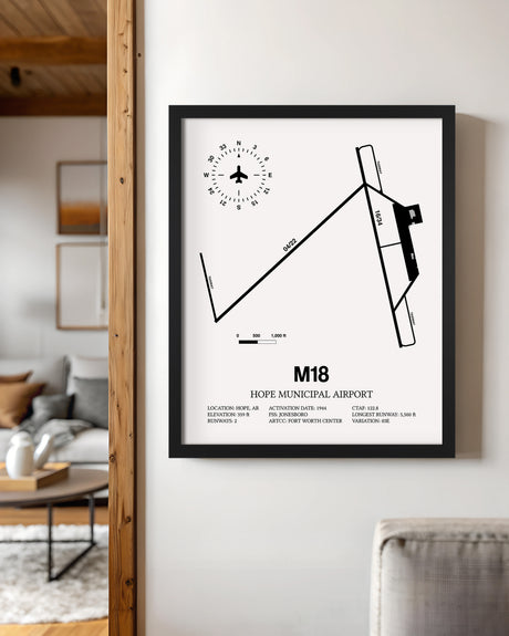 Framed Detailed Airport Map of Hope Municipal Airport (M18) in White with a Black Frame