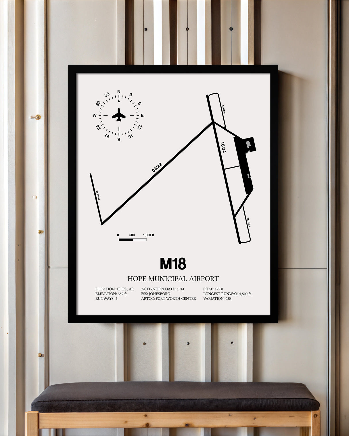 Framed Detailed Airport Map of Hope Municipal Airport (M18) in White with a Black Frame
