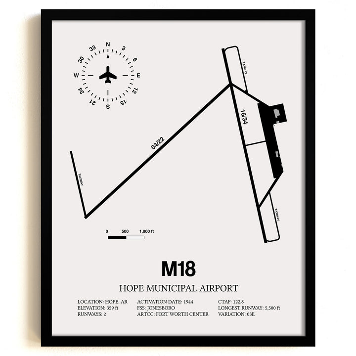 Framed Detailed Airport Map of Hope Municipal Airport (M18) in White with a Black Frame
