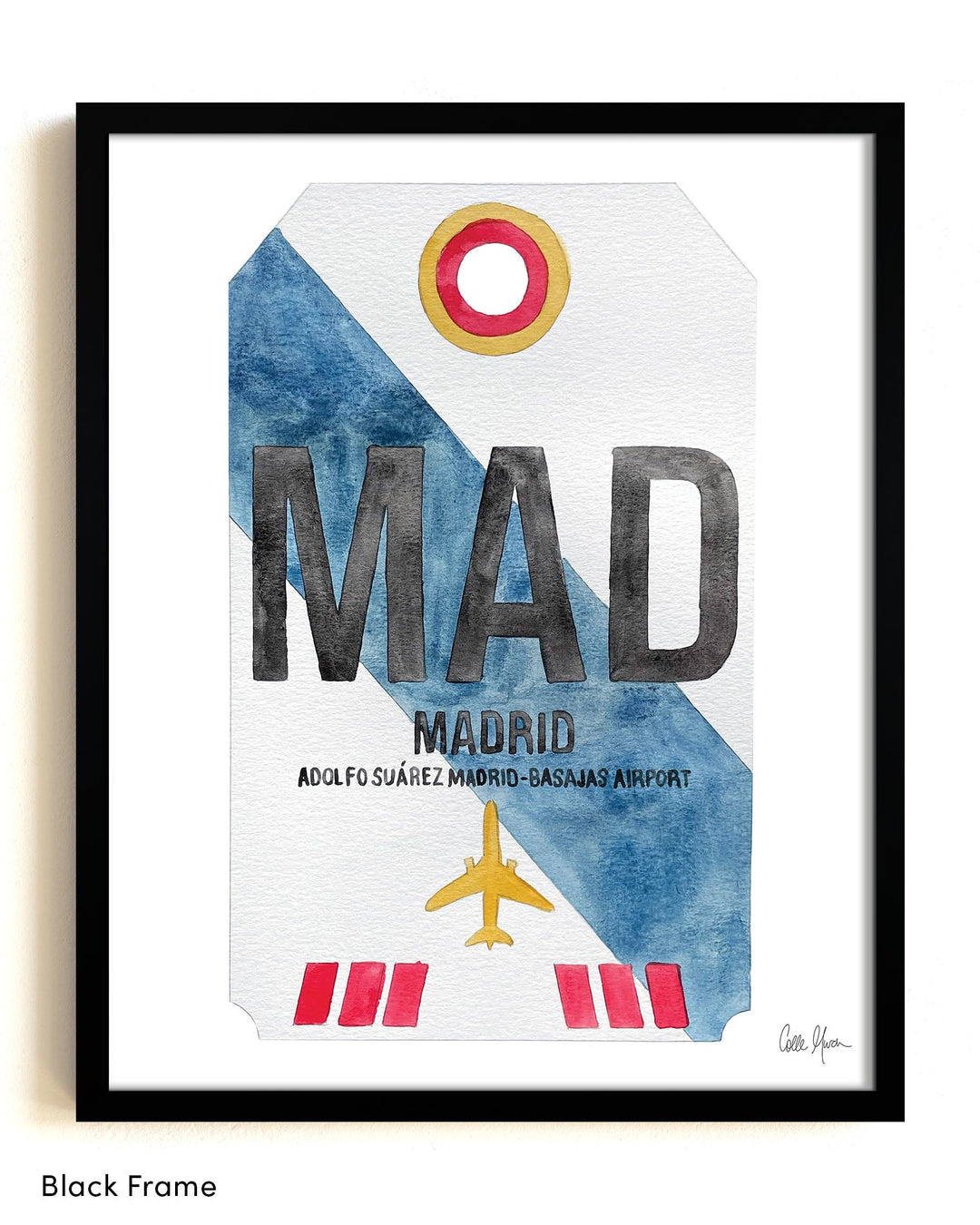 Framed Watercolor Print of Adolfo Suárez Madrid–Barajas Airport (MAD) with a Black Frame