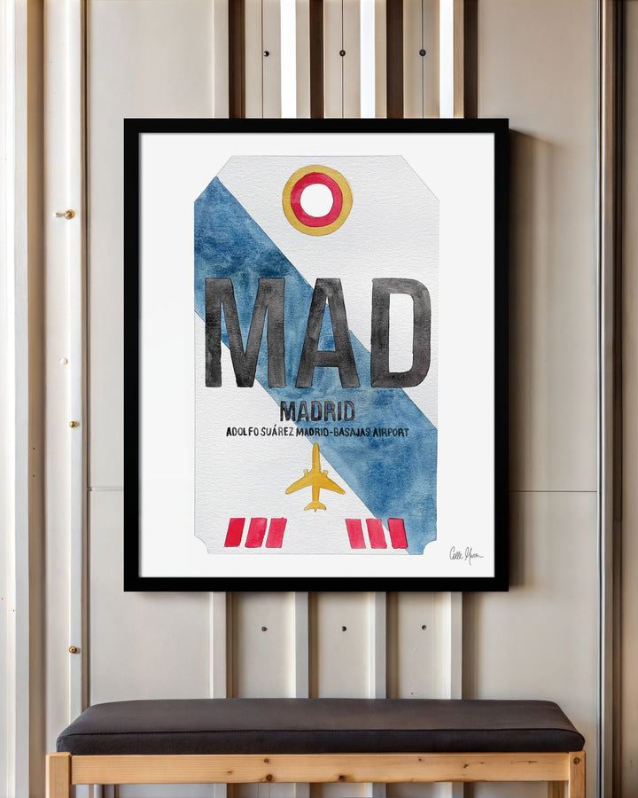 Framed Watercolor Print of Adolfo Suárez Madrid–Barajas Airport (MAD) with a Black Frame