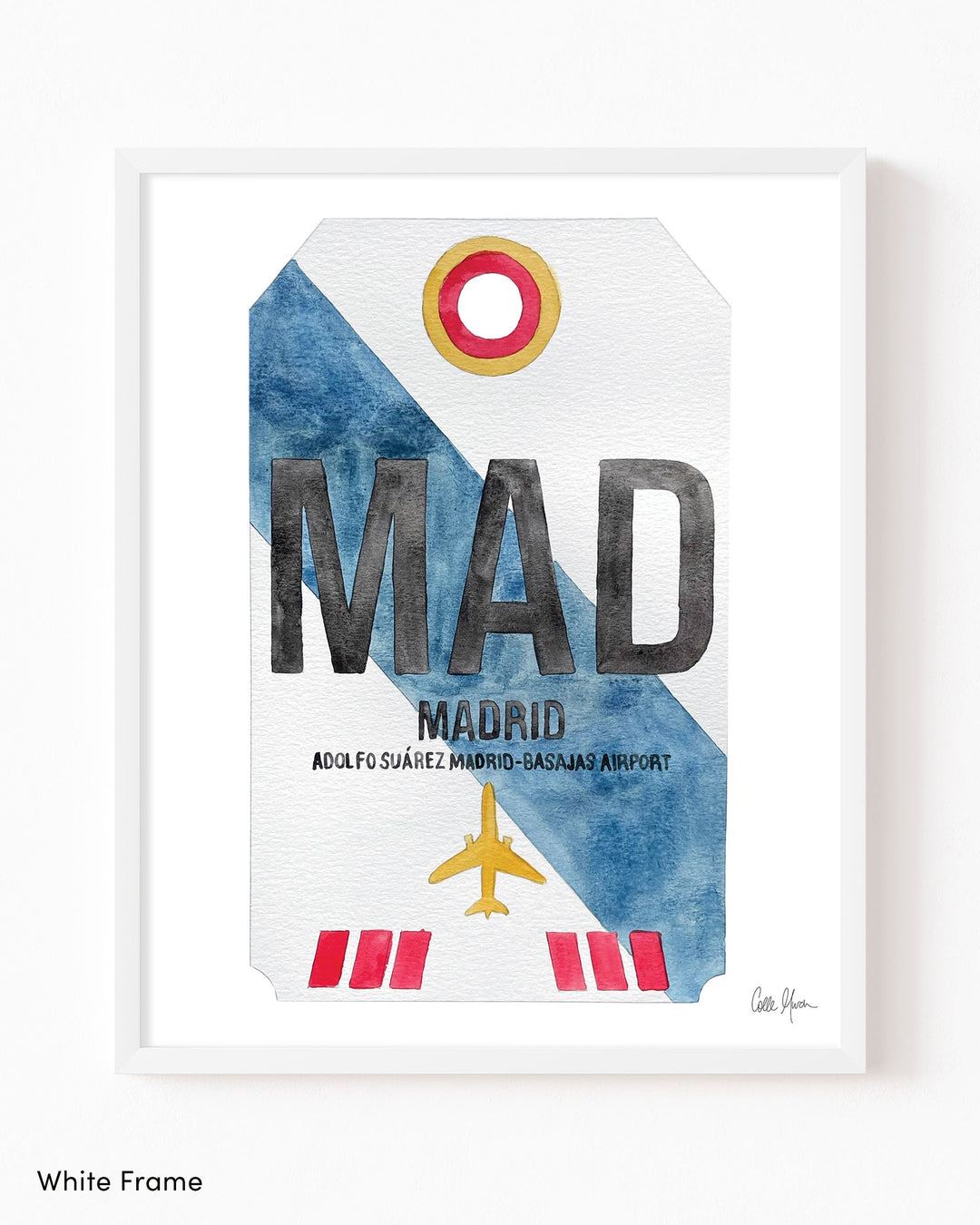 Framed Watercolor Print of Adolfo Suárez Madrid–Barajas Airport (MAD) with a White Frame