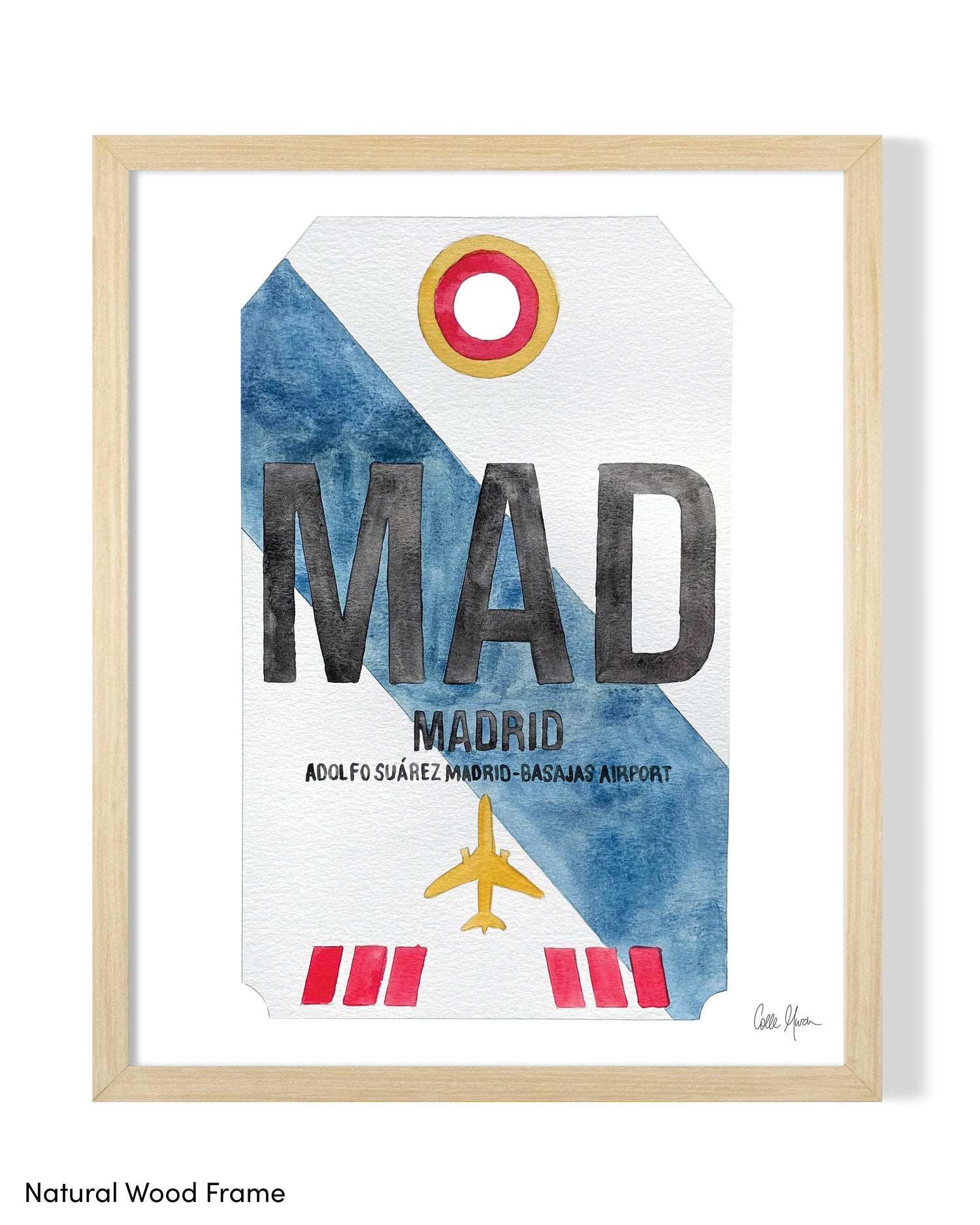 Framed Watercolor Print of Adolfo SuÃ¡rez Madridâ€“Barajas Airport (MAD) with a Natural Wood Frame