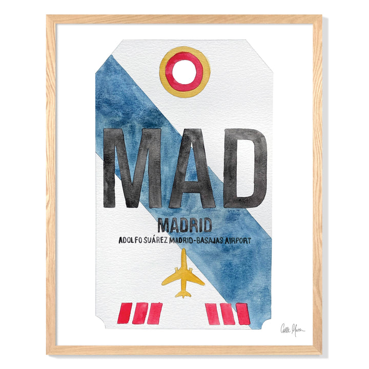 Framed Watercolor Print of Adolfo Suárez Madrid–Barajas Airport (MAD) with an Oak Frame