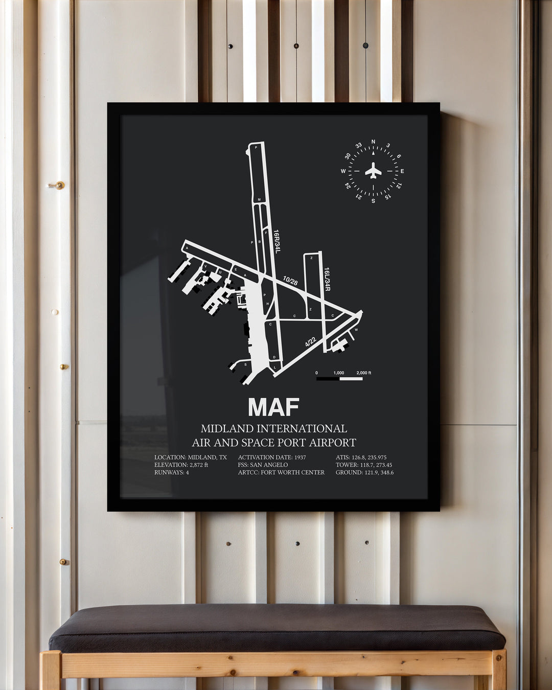 Framed Detailed Airport Map of Midland International Air and Space Port (MAF) in Gray with a Black Frame