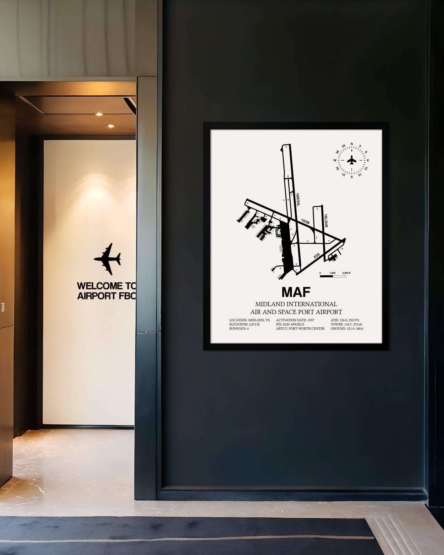 Framed Detailed Airport Map of Midland International Air and Space Port (MAF) in White with a Black Frame