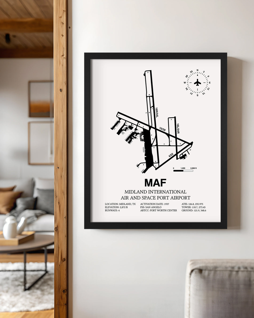 Framed Detailed Airport Map of Midland International Air and Space Port (MAF) in White with a Black Frame