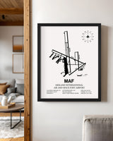 Framed Detailed Airport Map of Midland International Air and Space Port (MAF) in White with a Black Frame