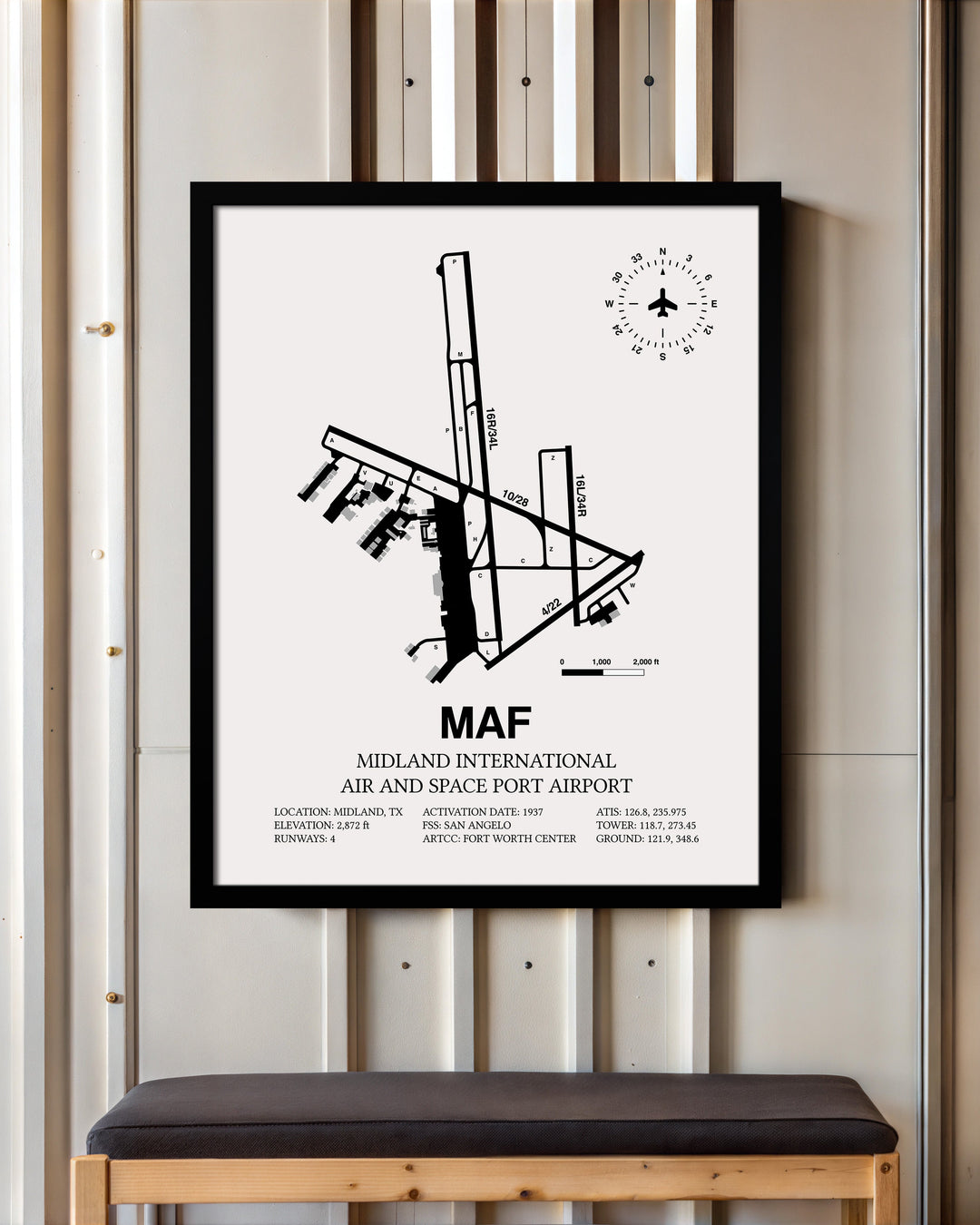 Framed Detailed Airport Map of Midland International Air and Space Port (MAF) in White with a Black Frame