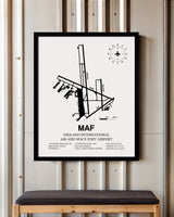 Framed Detailed Airport Map of Midland International Air and Space Port (MAF) in White with a Black Frame