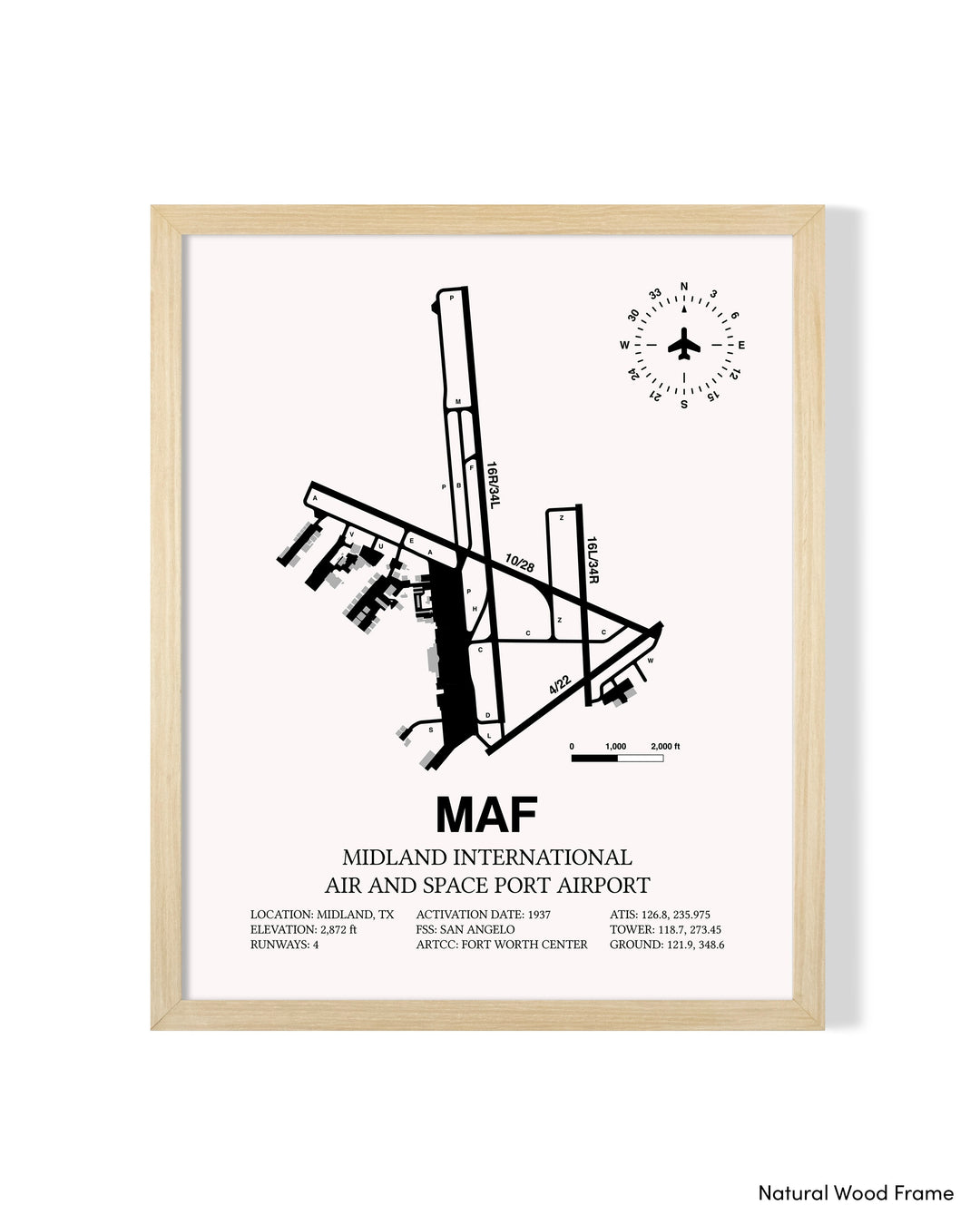 Detailed Airport Map of Midland International Air and Space Port (MAF) in White with a Natural Frame