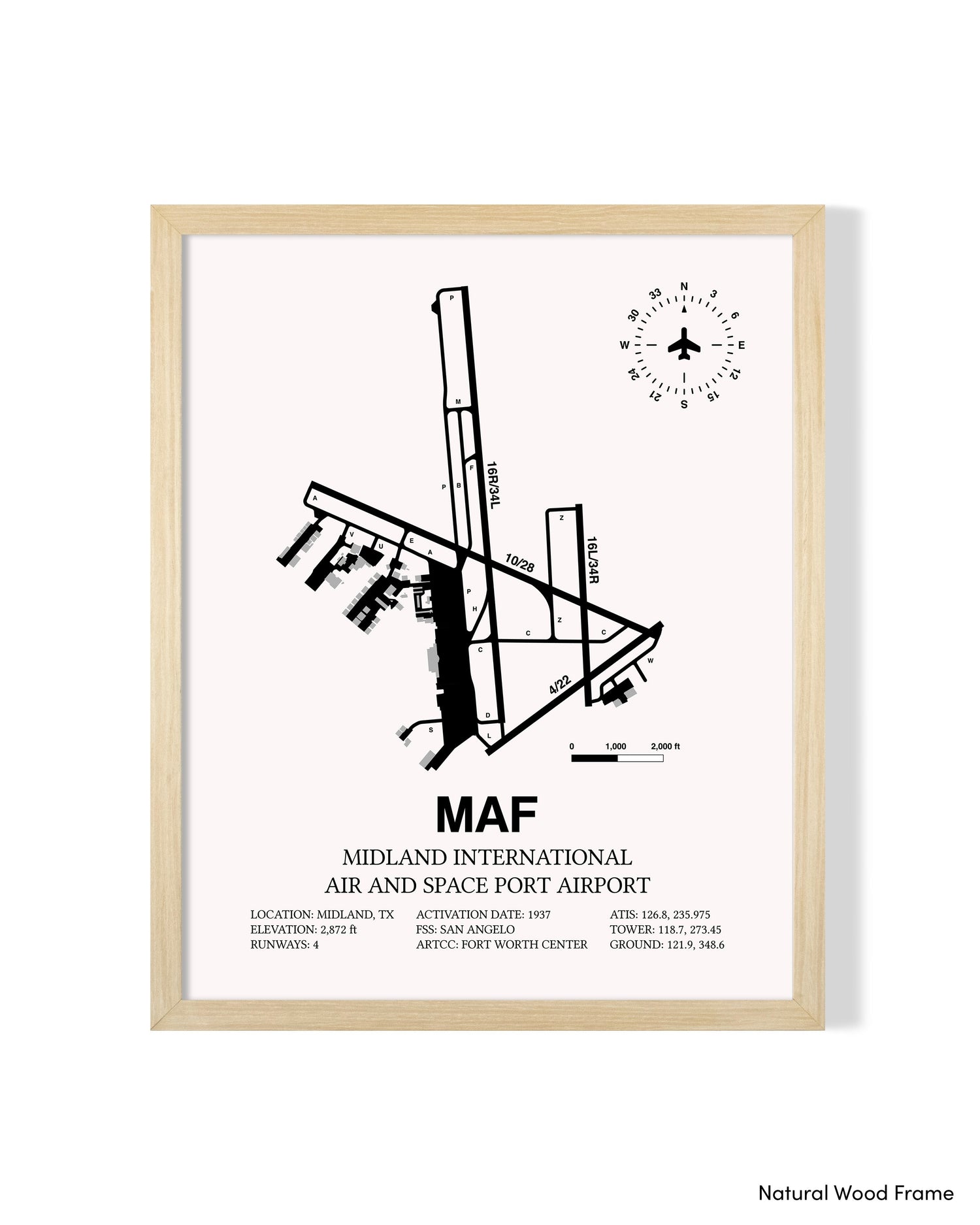 Detailed Airport Map of Midland International Air and Space Port (MAF) in White with a Natural Frame