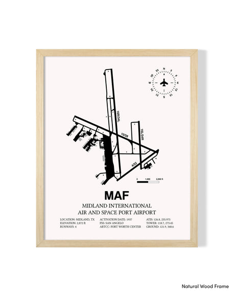 Detailed Airport Map of Midland International Air and Space Port (MAF) in White with a Natural Frame
