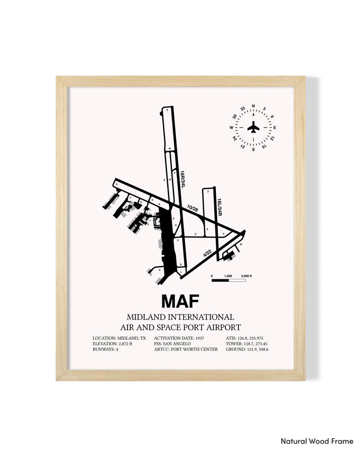Detailed Airport Map of Midland International Air and Space Port (MAF) in White with a Natural Frame