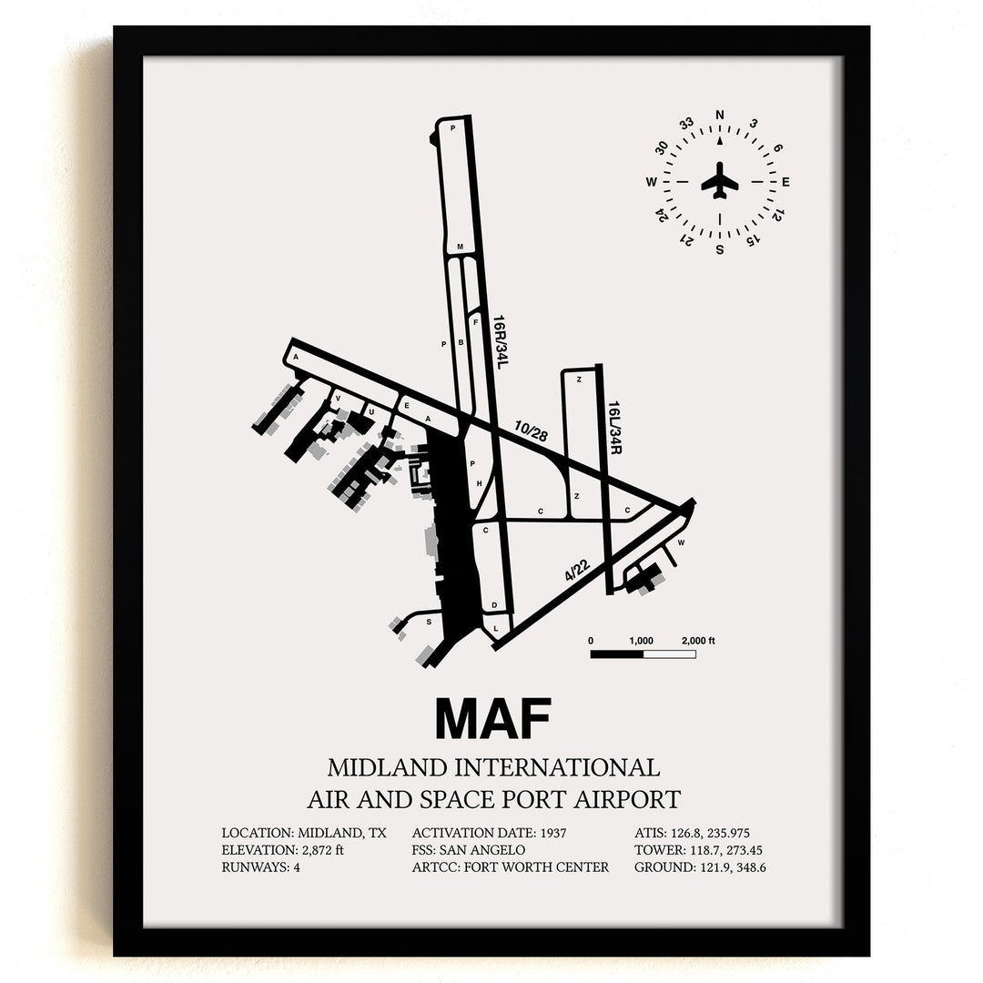 Framed Detailed Airport Map of Midland International Air and Space Port (MAF) in White with a Black Frame